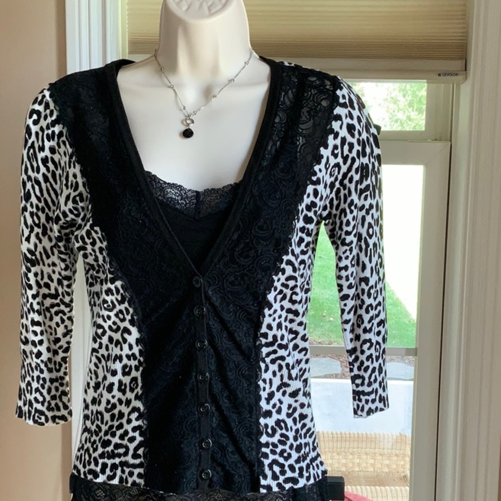 WHBM Leopard print w/ Lace Detail Cardigan